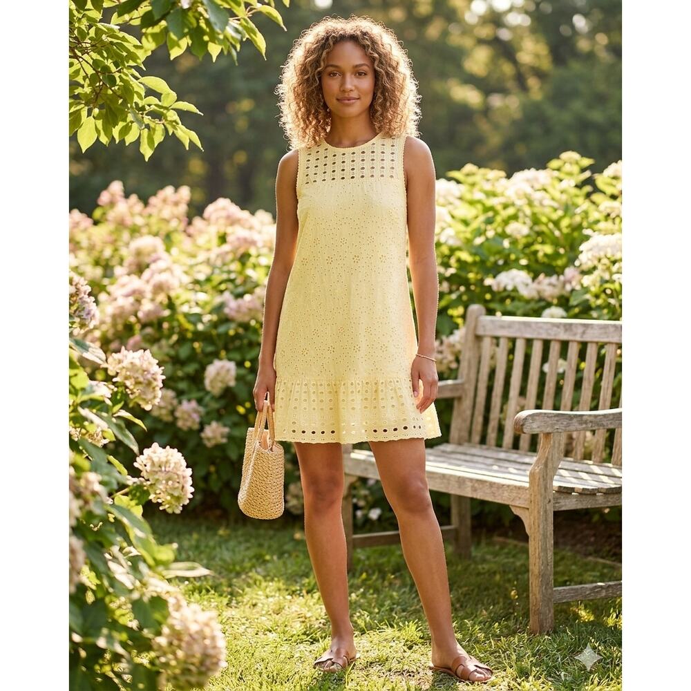 LOFT Yellow 100% Cotton Eyelet Drop Waist Lace Trim Ruffle Dress Cottagecore 6
